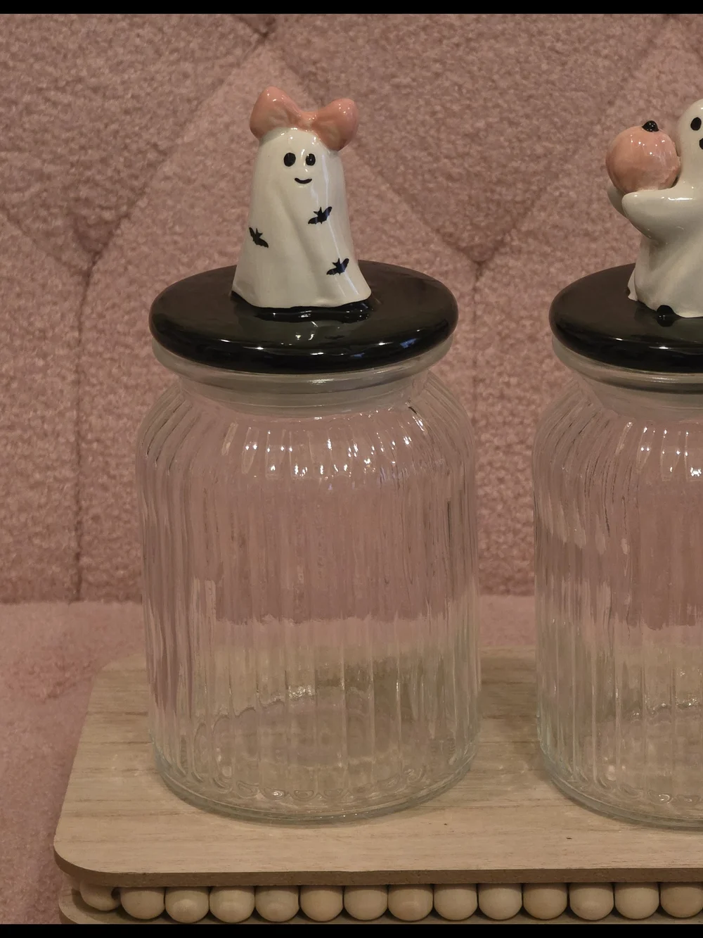 Whimsical Ghost Ceramic Lid Glass Jar Set in Pink and Black